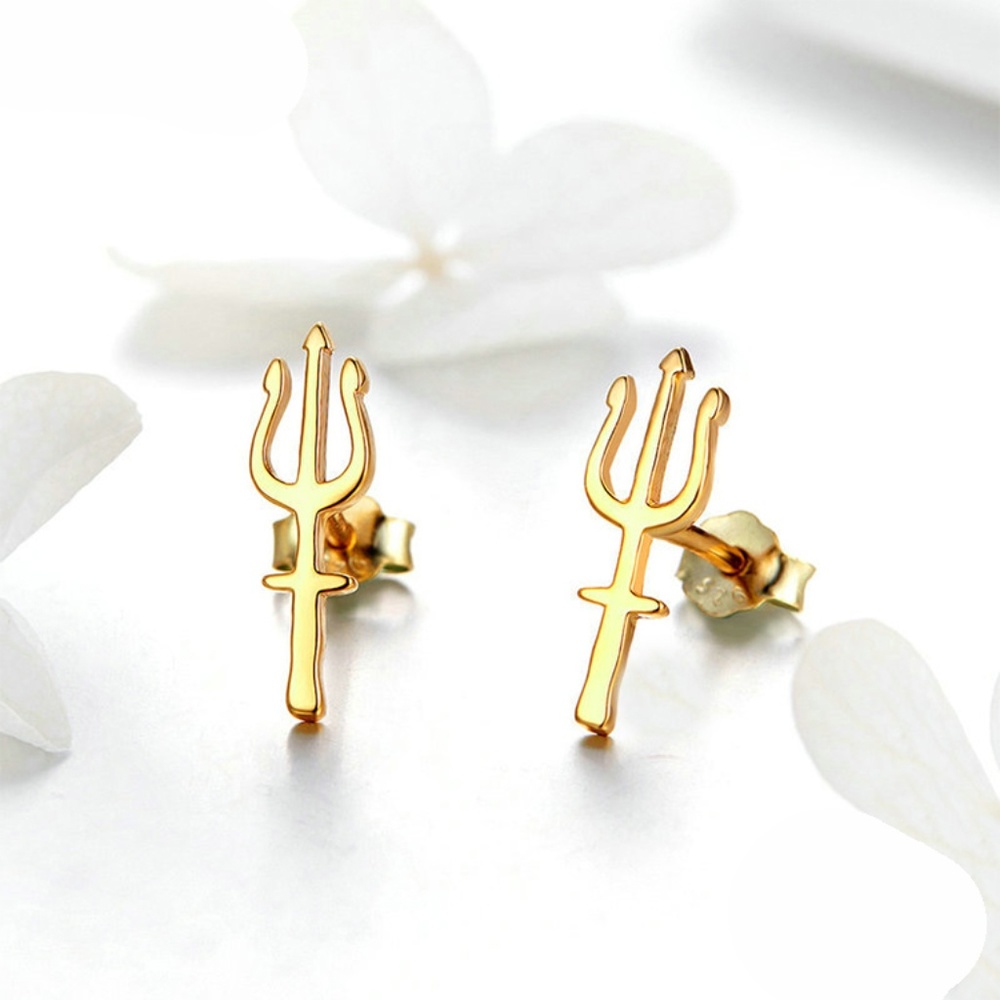 925 Sterling Silver Gold Trident Stud Earrings